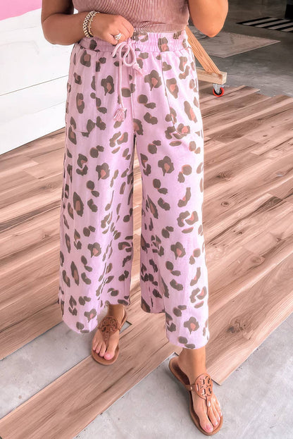 Pink Drawstring Leopard Print Patch Pocket Loose Pants: Pink / 95%Polyester+5%Elastane