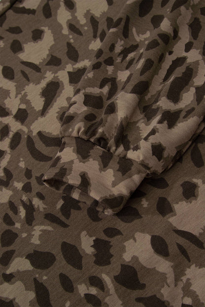 Leopard Raw Seam Patched Pullover Drawstring Loose Pant Set: Brown Short Set