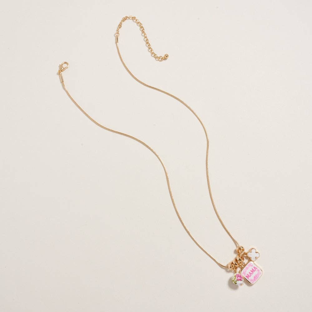 Mama Floral Bead Enamel Charm Pendant Necklace: Pink / ONE