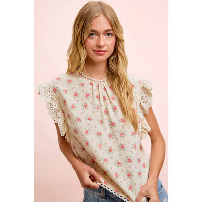 FLOWER PRINTED LACE TRIM EDGE DETAIL BLOUSE TOP: RED FLOWER