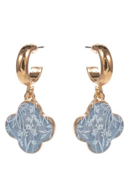 Floral Print Enameled Clover Charm Post Earrings: LBL / ONE