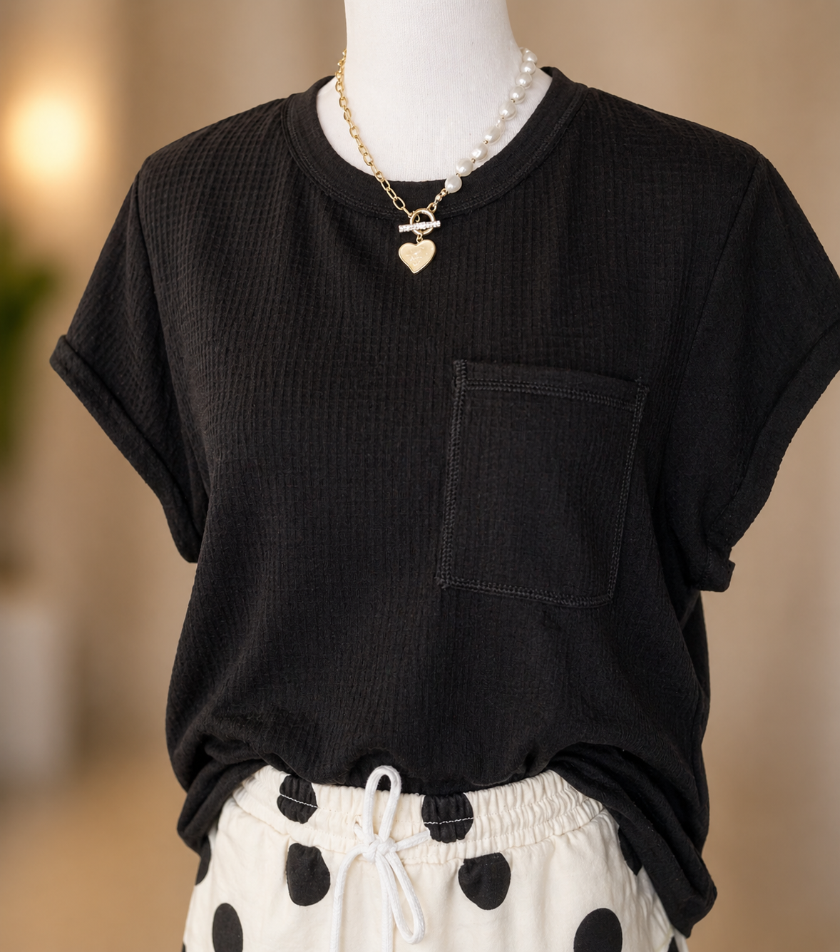 NT12641-Flared Hem Waffle Knit Casual Top: BLACK / S-M-L/2-2-2