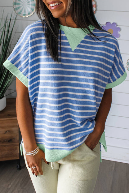 Sky Blue Stripe Contrast Trim Loose Short Sleeve Top: Sky Blue Stripe / 55%Regenerated Polyester+40%Cotton+5%Elastane