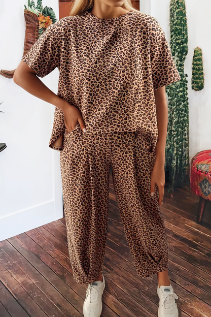 Leopard Raw Seam Patched Pullover Drawstring Loose Pant Set: Brown Short Set