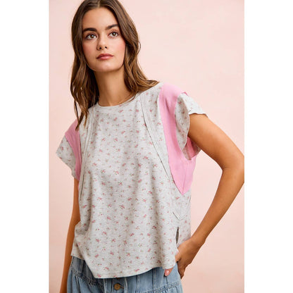 FLORAL RIB CUT EDGE DETAIL SHORT SLEEVES TOP: H Blush