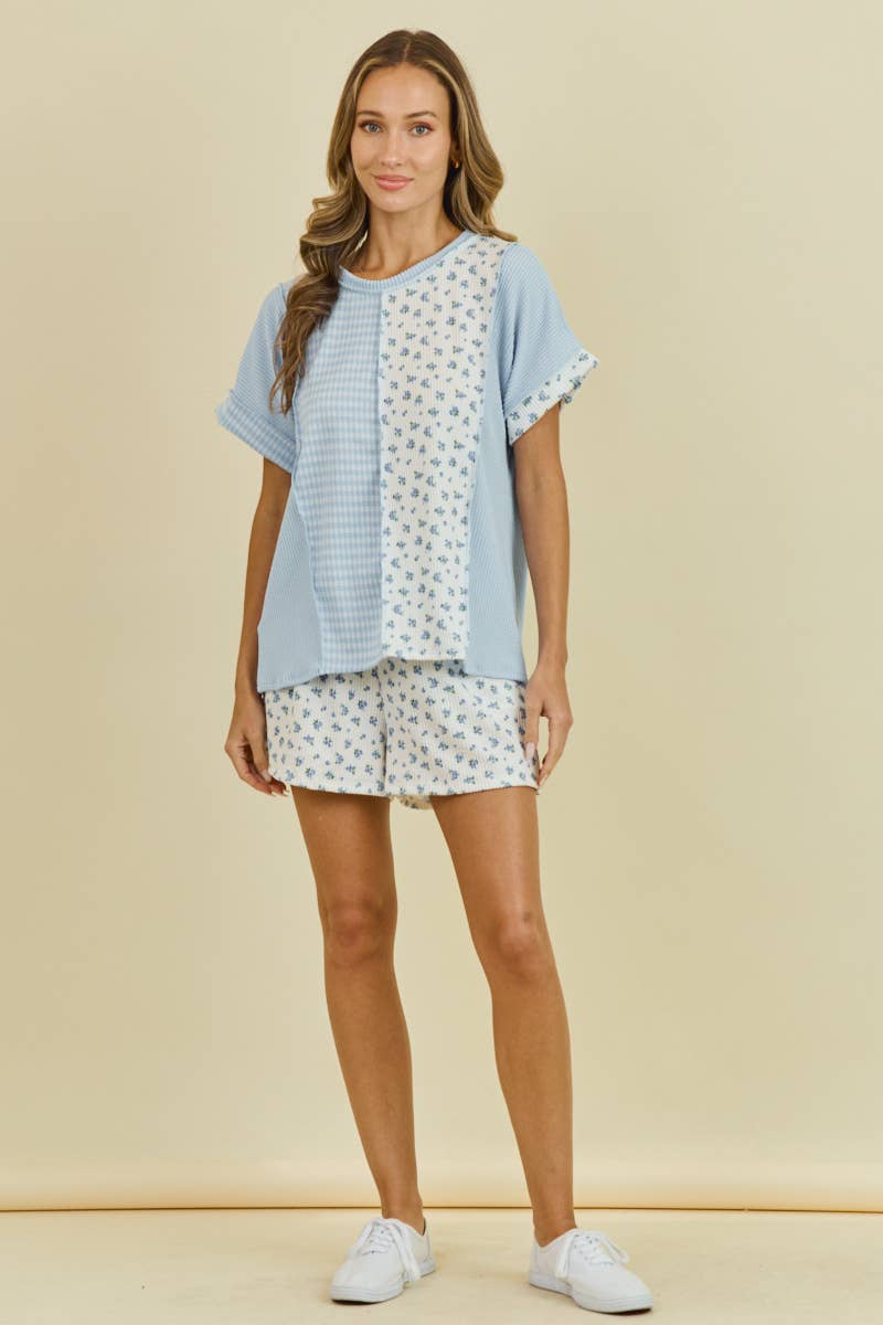 LMT4926-Gingham blossoms ribbed shirt: LT BLUE