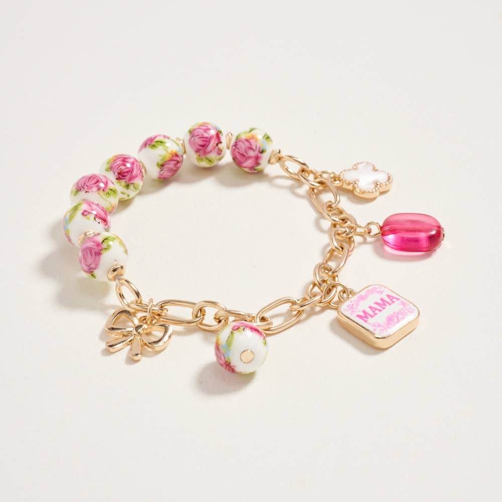 7.25 Inch Ceramic Floral Bead Mama Charm Bracelet: Blue / ONE