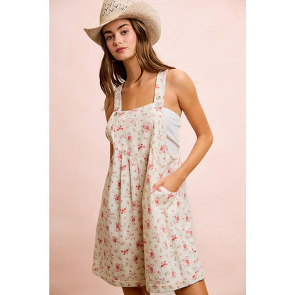 FLORAL TWILL PRINTED CHEST POCKET DETAIL SHORTALL: CREAM/PINK