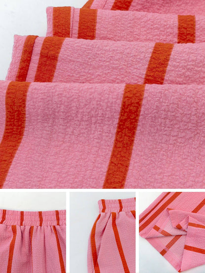 Vacation Texture Color Block Striped Wide Leg Pants: Pink
