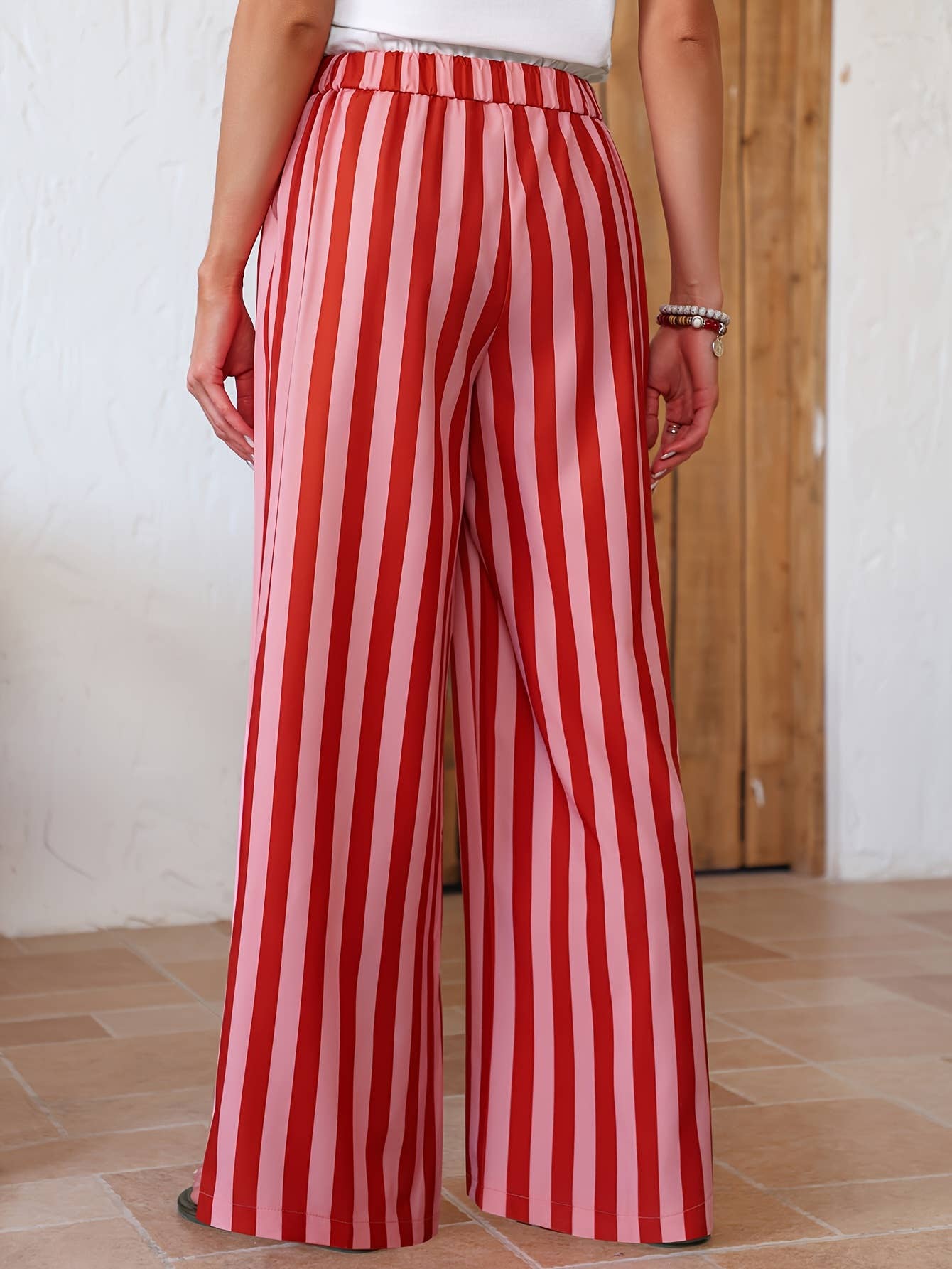 Multi Color Boho Beach Vertical Stripe Lace-Up Pants: Red