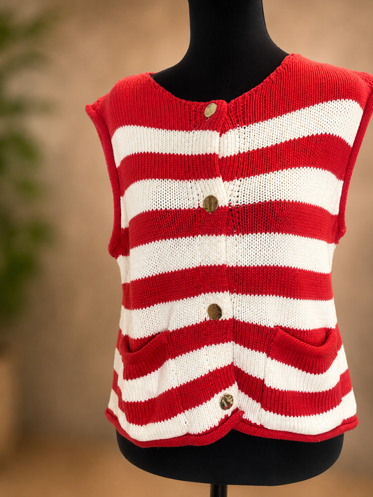 12W3634N-Stripe Button Down Knit Sweater Top: RED / S-M-L/2-2-2 Red