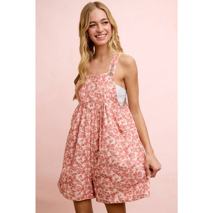 WASHED TWILL FLOWER PRINTED SHORTALL WITH POCKETS: DENIM