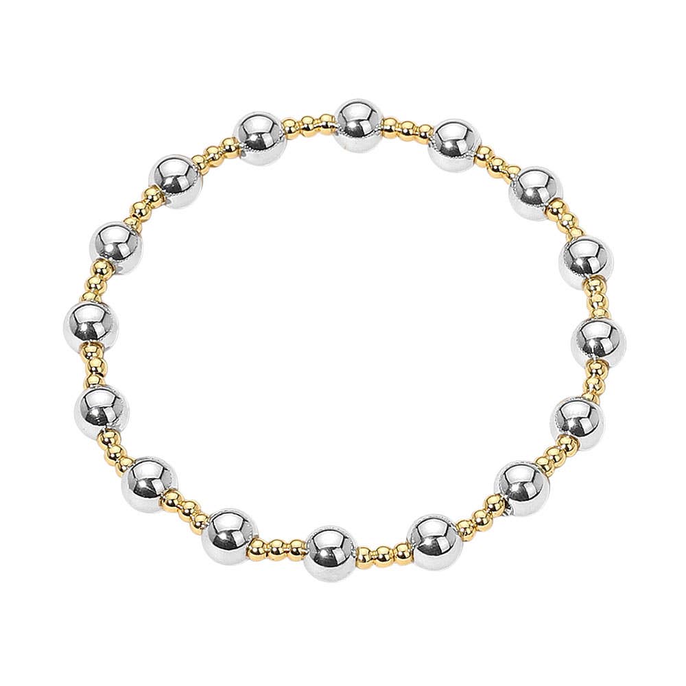 Stainless Steel Alternating Beaded Stretch Bracelet: Silver,Two Tone