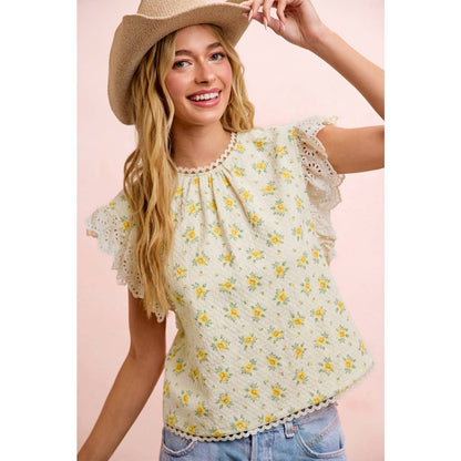 FLOWER PRINTED LACE TRIM EDGE DETAIL BLOUSE TOP: RED FLOWER