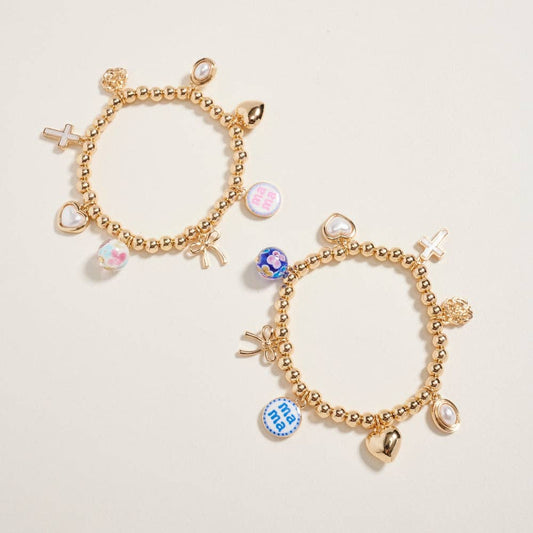 7.25 In Metallic Bead Mama Charm Stretch Bracelet: Blue / ONE