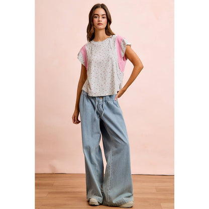 FLORAL RIB CUT EDGE DETAIL SHORT SLEEVES TOP: H Blush