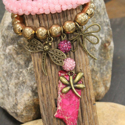 Gliding Strawberry Dragonfly Bracelet Set