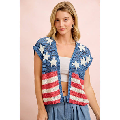 4TH OF JULY AMERICAN FLAG CROCHET SHORT SLEEVE CARDIGAN: AMERICAN FLAG