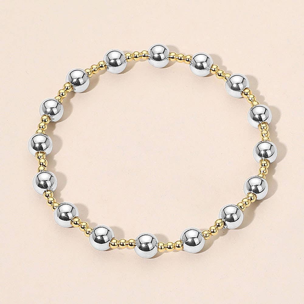 Stainless Steel Alternating Beaded Stretch Bracelet: Silver,Two Tone