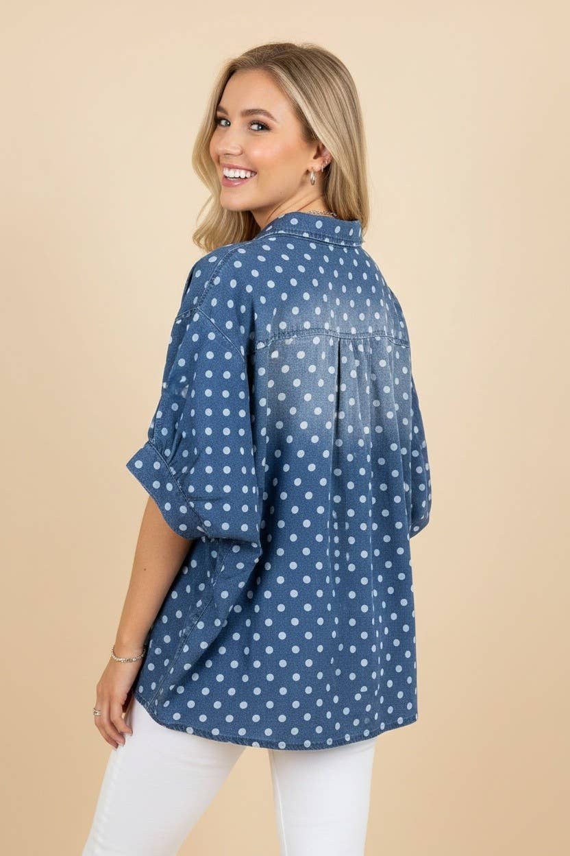 HT20346 Polka Dot Button Front Denim Shirt: DENIM / 2-2-2(S-M-L)