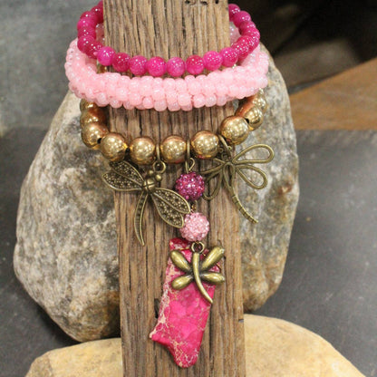 Gliding Strawberry Dragonfly Bracelet Set