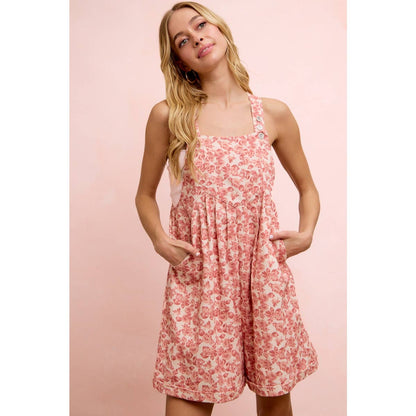 WASHED TWILL FLOWER PRINTED SHORTALL WITH POCKETS: DENIM