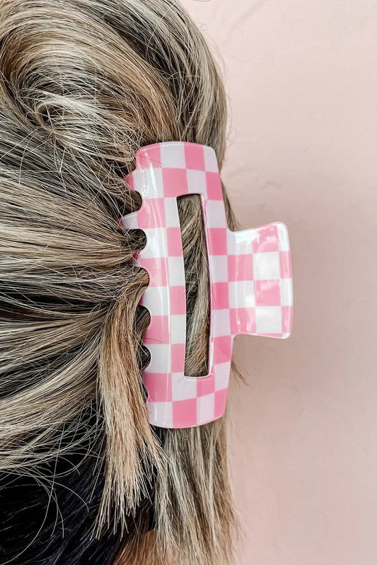 Black Checkered Print Hollow Out Hair Clip: Sachet Pink / Acrylic / ONE SIZE