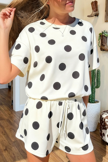 Summer 2026 Polka Dot Print Tee Drawstring Elastic Short Set: Black