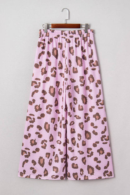 Pink Drawstring Leopard Print Patch Pocket Loose Pants: Pink / 95%Polyester+5%Elastane