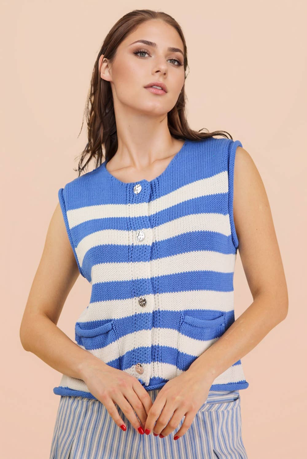 12W3634N-Stripe Button Down Knit Sweater Top: BLUE / S-M-L/2-2-2