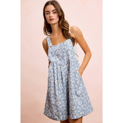WASHED TWILL FLOWER PRINTED SHORTALL WITH POCKETS: DENIM