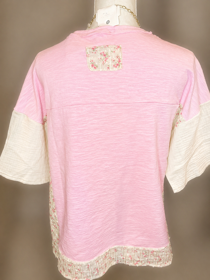 NT12633-Oversized Mixed Media Knit Top: PINK / S-M-L/2-2-2