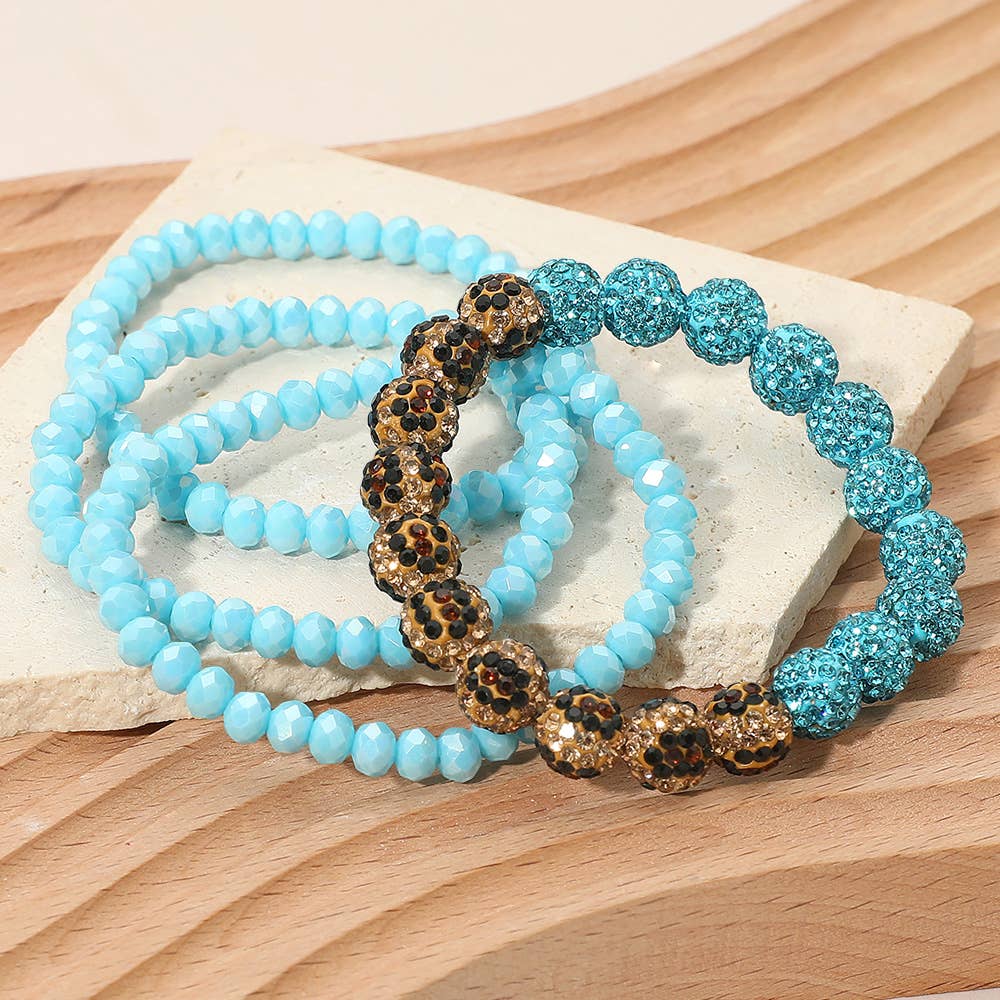 4PCS - Shamballa Ball Faceted Beaded Stretch Multi Layered Bracelets: Turquoise