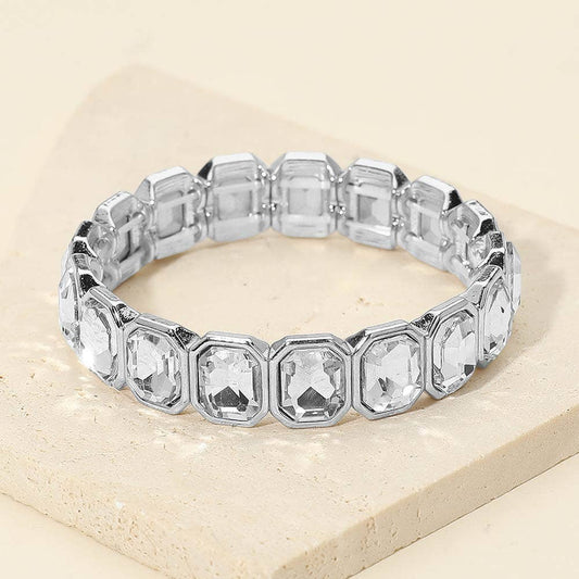 Rectangular Stone Frame Beaded Stretch Bracelet: Clear,Rhodium