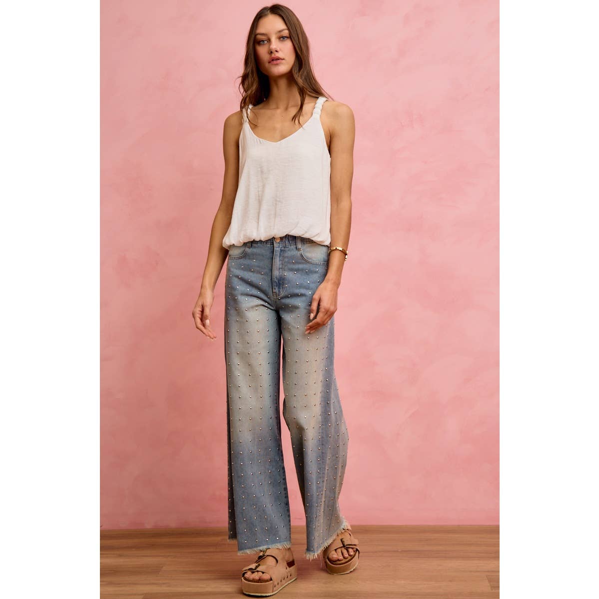 MID RISE WIDE LEG EMBELLISHED JEANS DENIM PANTS: DENIM / S