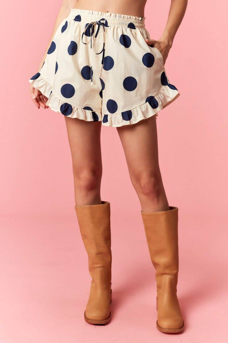 Wide Polka Dot Mini Ruffle Hem Flare Shorts: CREAM/NAVY / 2-2-2(S-M-L)