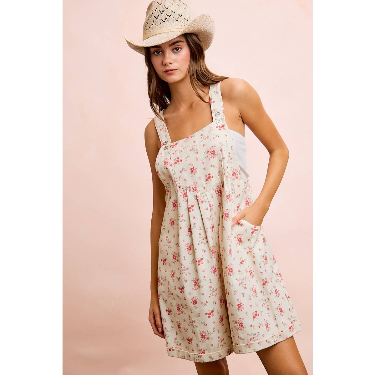 FLORAL TWILL PRINTED CHEST POCKET DETAIL SHORTALL: CREAM/PINK