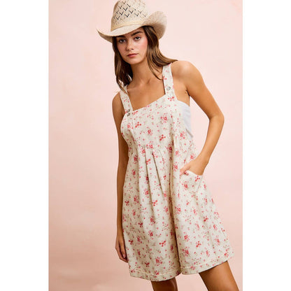 FLORAL TWILL PRINTED CHEST POCKET DETAIL SHORTALL: CREAM/PINK
