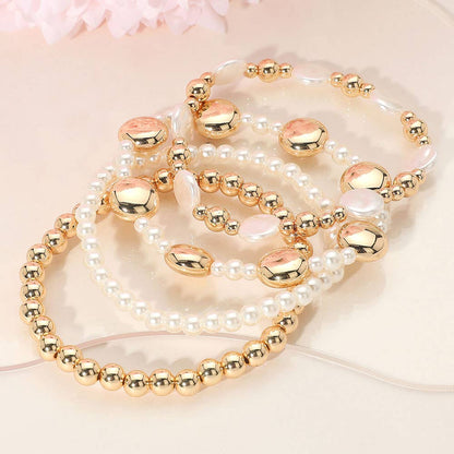 4PCS - Pearl Disc Metal Ball Beaded Stretch Multi Layered Bracelets: Yellow Gold