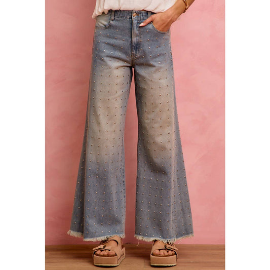 MID RISE WIDE LEG EMBELLISHED JEANS DENIM PANTS: DENIM / S