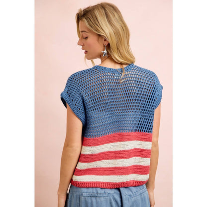 4TH OF JULY AMERICAN FLAG CROCHET SHORT SLEEVE CARDIGAN: AMERICAN FLAG