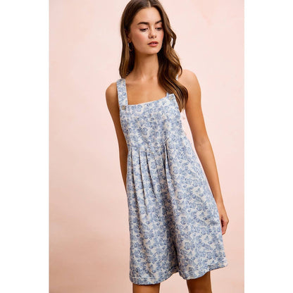 WASHED TWILL FLOWER PRINTED SHORTALL WITH POCKETS: DENIM