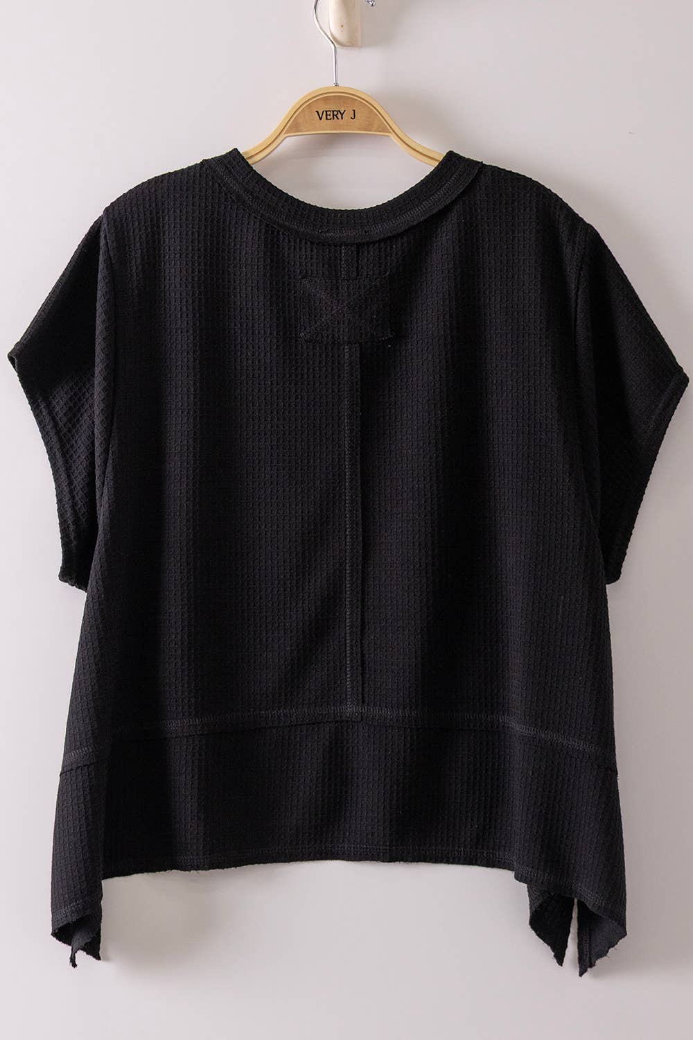 NT12641-Flared Hem Waffle Knit Casual Top: BLACK / S-M-L/2-2-2