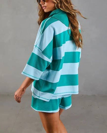 Contrast Trim Half Zip Striped Top Casual Shorts 2pcs Set: Green