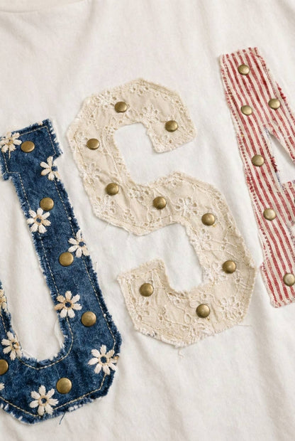 Mixed-Media Studded USA Graphic Tee: WHITE