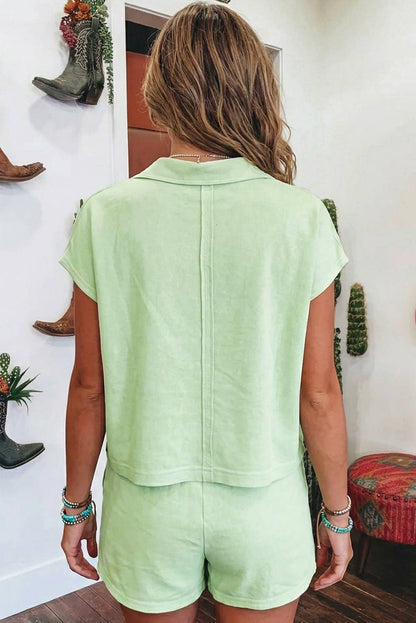 Summer Solid Loose Polo Tee Elastic Waist 2pcs Short Set: Green / S