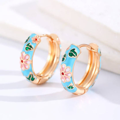 VINTAGE CLOISONNE ENAMEL FLORAL HOOP EARRINGS  | 40E358: Blue