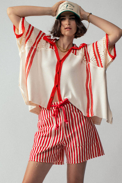 Striped High-Rise Denim Shorts: RED / S-2/M-2/L-2