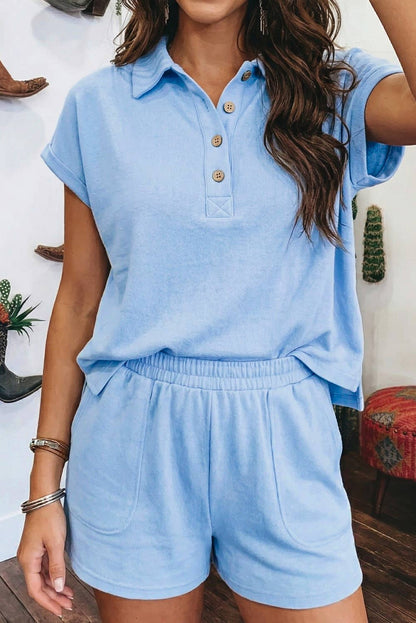 Summer Solid Loose Polo Tee Elastic Waist 2pcs Short Set: Yellow Cream / XL