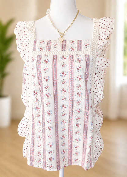 PRINT EYELET EMBROIDERED RUFFLE SLEEVE TOP: CREAM RED
